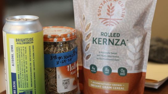Lee Tesdell grows the perennial grain Kernza on his farm north of Des Moines. Tesdell has his Kernza grain, pictured in the middle, processed into what he calls flakes, pictured on the right, which can be eaten as a cereal replacement, or brewed into beer, pictured on the left. Lee Tesdell grows the perennial grain Kernza on his farm north of Des Moines. Tesdell has his Kernza grain, pictured in the middle, processed into what he calls flakes, pictured on the right, which can be eaten as a cereal replacement, or brewed into beer, pictured on the left.
